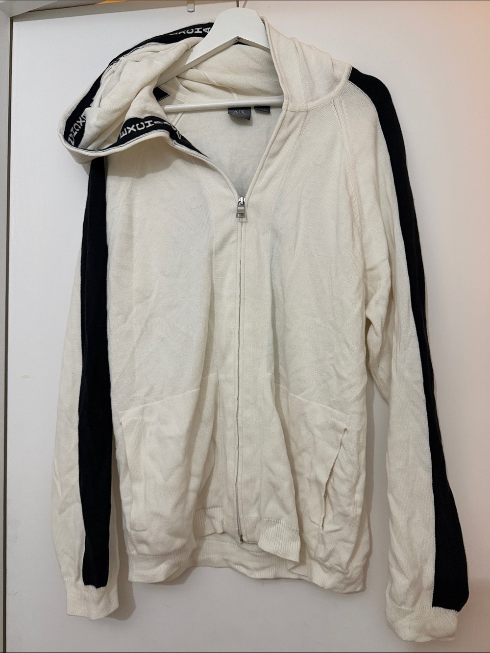 Armani Exchange White Zip-Up Hoodie with Black Sleeve Stripes
